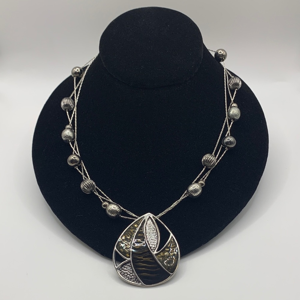 Silver-tone Triple Strand Metallic Teardrop Pendant Necklace
